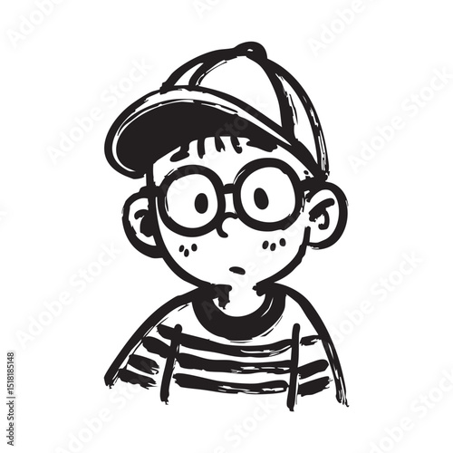 Young boy with striped shirt and cap expressing curiosity