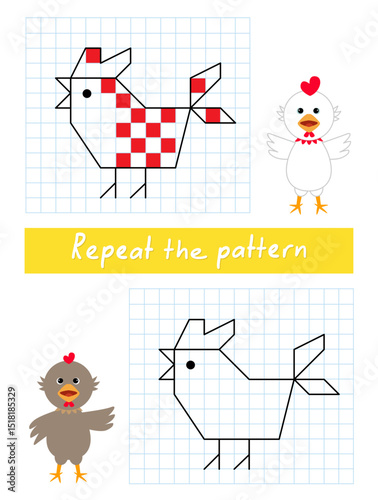 Repeat the pattern by example. Color the rooster.