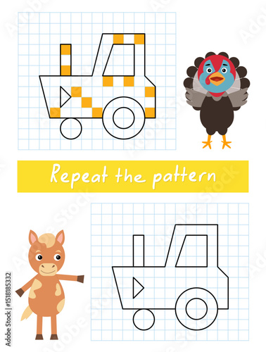 Repeat the pattern by example. Color the tractor.