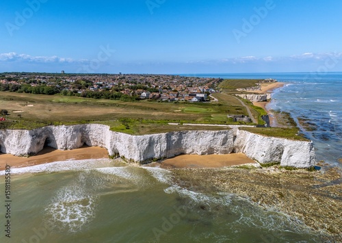 Drone aerial view of the beach and white cliffs on Botany Bay, Margate, England, UK. photo