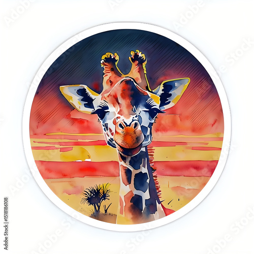 Cute Baby Giraffe in a Colorful Watercolor Landscape