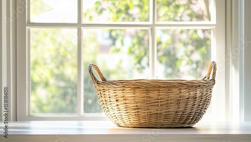 Empty woven basket on windowsill