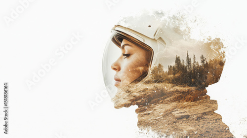 Double exposure female astronaut in helmet merging with landscape, futuristic concept photo