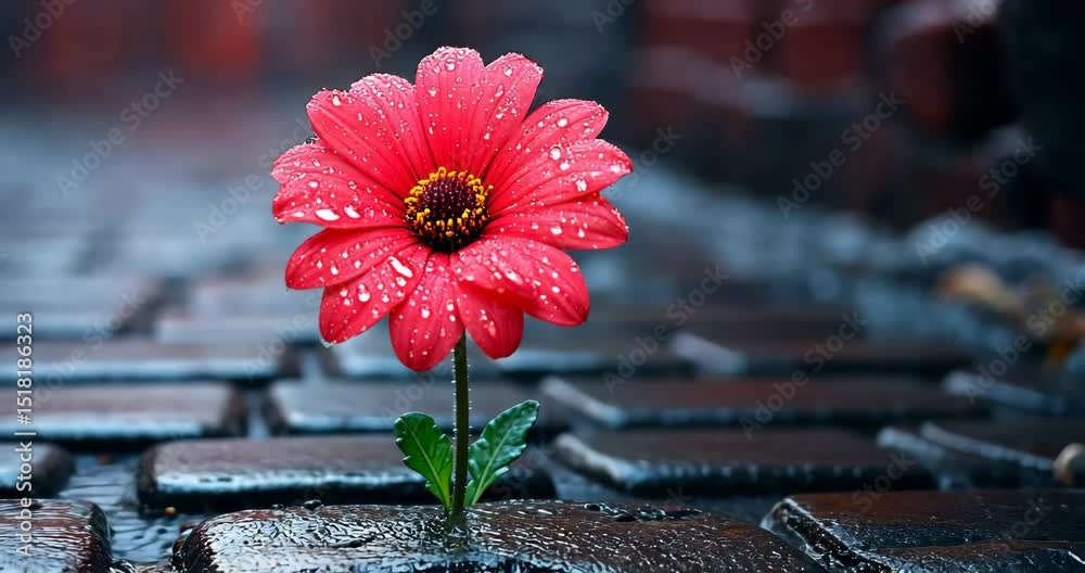 Low angle static shot: A single red flower grows through wet pavement, symbolizing resilience and hope.
