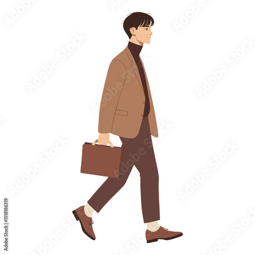 Stylish young man adult walking confidently briefcase illustration minimalist vector