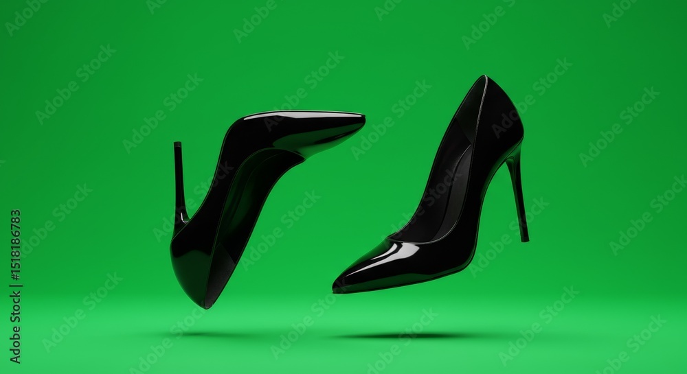 Obraz premium Elegant black high heels showcase style against a vibrant green backdrop in a playful display of fashion Generative AI