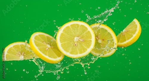 Sliced lemons splash into vibrant green water creating a refreshing burst of flavor and color Generative AI