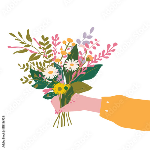 Oil pastel hands giving Bouquet illustration background colorful vector