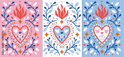 SET OF MEXICAN SACRED HEART POSTERS. TRADITIONAL MEXICAN HEARTS FOR DIA DE LOS MUERTOS. COLORED TRENDY VECTOR ILLUSTRATIONS