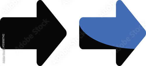A simple image showing two right pointing arrows one black and one blue on a gray background plain