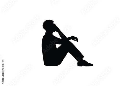 Silhouette of a Man Sitting in Deep Thought on White Background