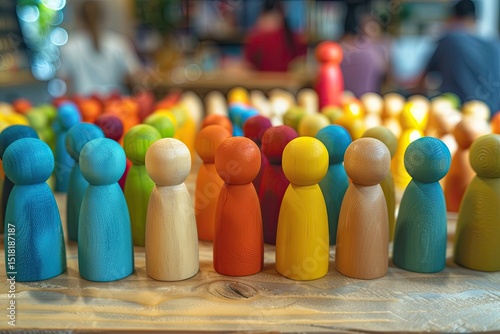 Small Wooden Figurines in Different Colors on a Table to Simulate a Crowd of People