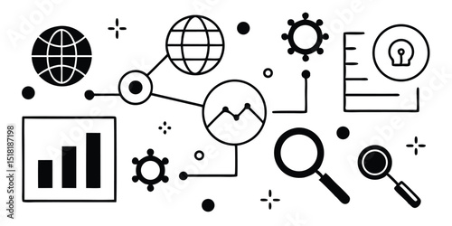 Data analysis and global network icons isolated on white background
