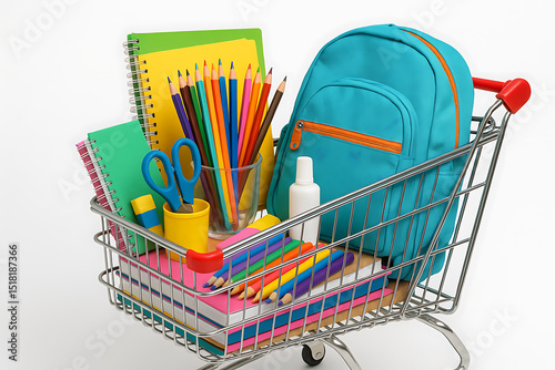 Back to school shopping cart filled with supplies for students learning