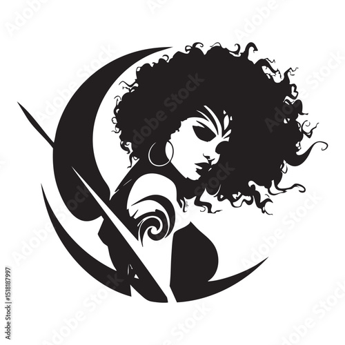 Powerful woman with tribal markings and crescent moon design
