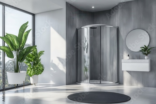 sharp image of Corner view on bright bathroom interior with shower mirrors high detail
