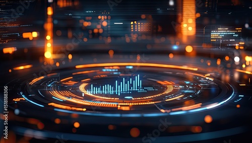 Futuristic digital interface, glowing circular display with data visualizations