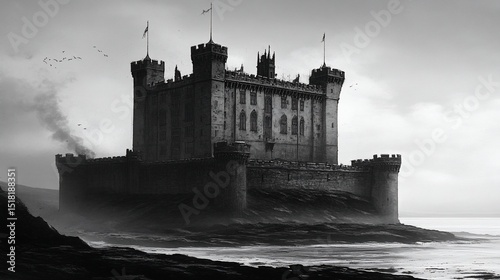 A majestic, stone coastal castle shrouded in mist, evokes a sense of mystery and age
