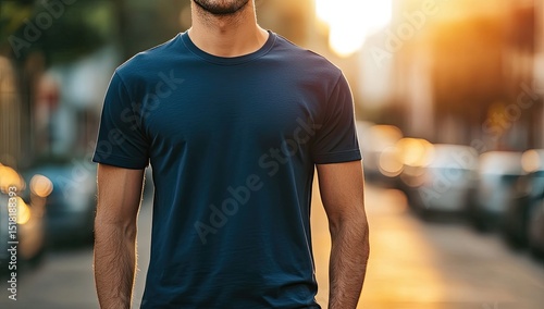 Man in navy blue t-shirt outdoors