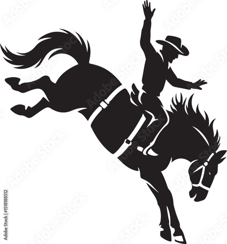 Cowboy bull riding bucking horse silhouette, Rodeo scene western dynamic artwork
