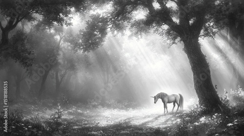 Majestic unicorn in a mystical forest bathed in light