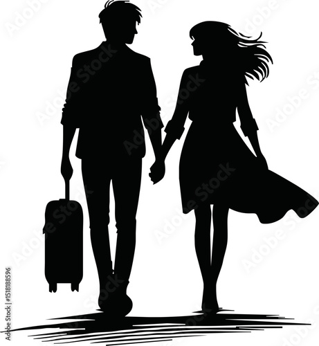 Silhouette of couple walking hand in hand . Ideal for Valentine’s Day, wedding, or love-themed designs.