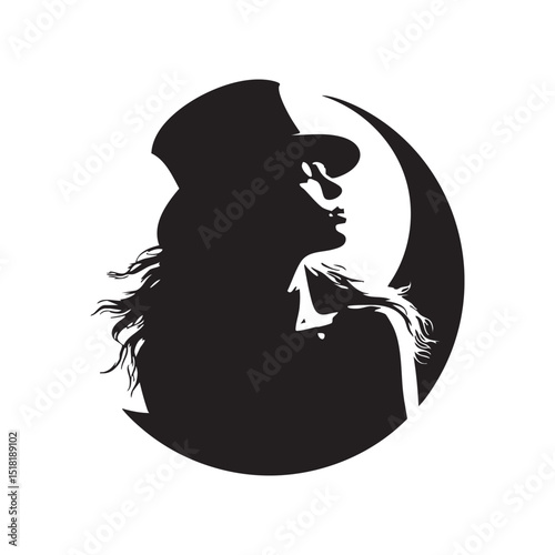 Elegant silhouette of a woman in a top hat under the moon