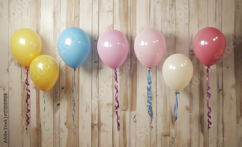 Pastel balloons on a wooden wall
