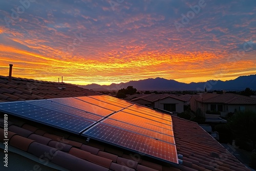 Solar panels on a terracotta roof at sunrise