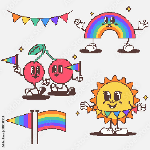 Vector illustration. Pixel rainbow arch, cherries holding Pride flags, and sun with heart-shaped glasses shine together in retro game style full of joy and LGBTQ colors. Concept of queer identity