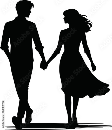 Silhouette of couple walking hand in hand . Ideal for Valentine’s Day, wedding, or love-themed designs.