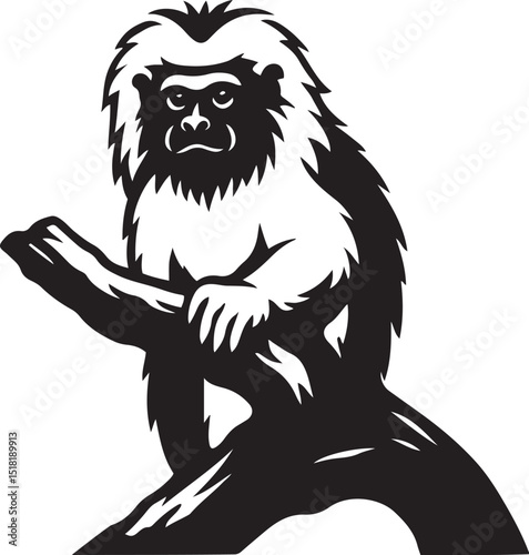 Japanese macaque on branch black and white, Monkey resting detailed wildlife sketch