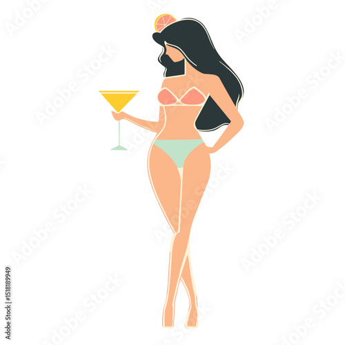 Pin up girl in martini glass illustration minimalist vacation vector