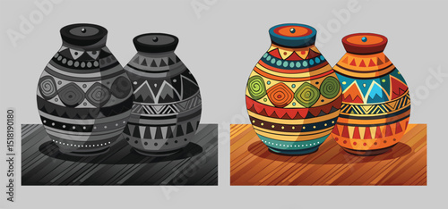 Two decorative african pottery vases illustrating cultural design patterns on a wooden shelf in both color and grayscale