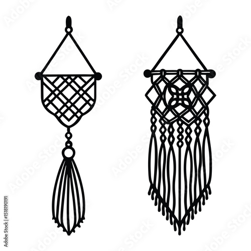 Two decorative macrame plant hanger illustrations in black and white perfect for bohemian home decor designs and craft projects