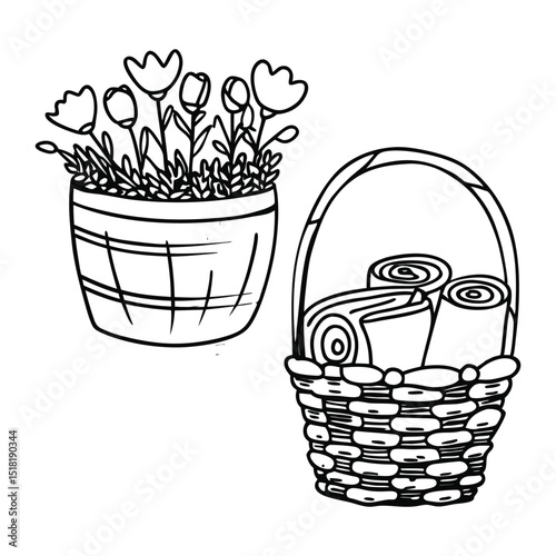 Simple line art illustration depicting a wicker basket containing rolled towels and a flower pot with blooming flowers