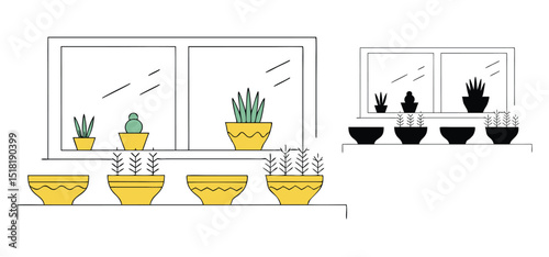 Minimalist illustration of various plants in pots displayed on windowsills with outline style in bright colors