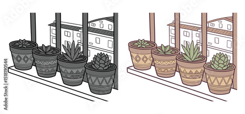 Illustrations of potted succulents displayed on a windowsill with architectural buildings visible in the background design