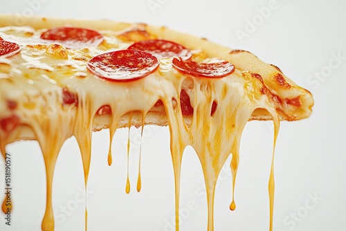 Melted cheese dripping from a pizza slice