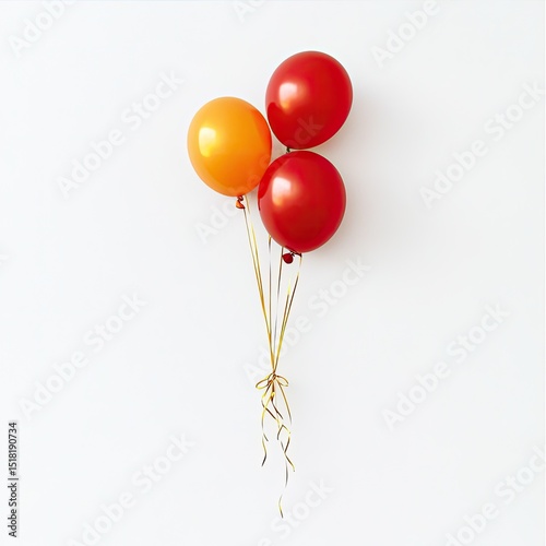 Three vibrant balloons, orange and red, tied with gold ribbon