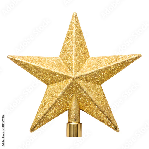 A golden glittery star tree topper isolated on transparent background