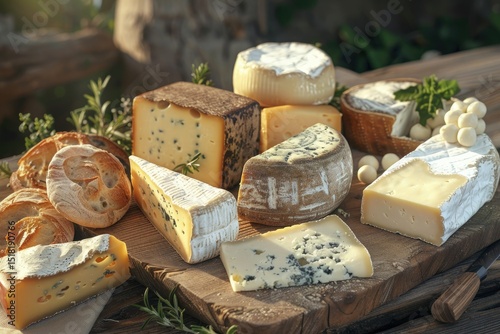 High Detail Image of a Variety of Cheeses and Bread on a Wooden Board