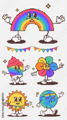 Vector illustration. Flower, cupcake with tongue out, sun with garland and rainbow planet smile and shine while marching in queer-friendly fantasy parade. Concept of queer joy, diversity, love