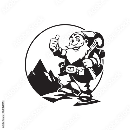 Happy hiker gnome enjoying nature with mountains and backpack