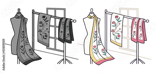 Illustrated collection of floral patterned scarves displayed on mannequin and hanging racks in varying color schemes.