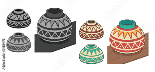 Illustrated cartoon pottery with tribal patterns displayed on a flat wooden surface representing art culture and decorative design