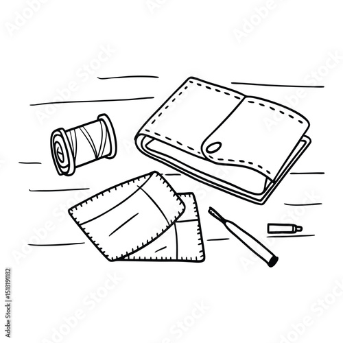 Hand-drawn illustration depicting a collection of sewing tools including thread, wallet, patches, and a small craft knife.