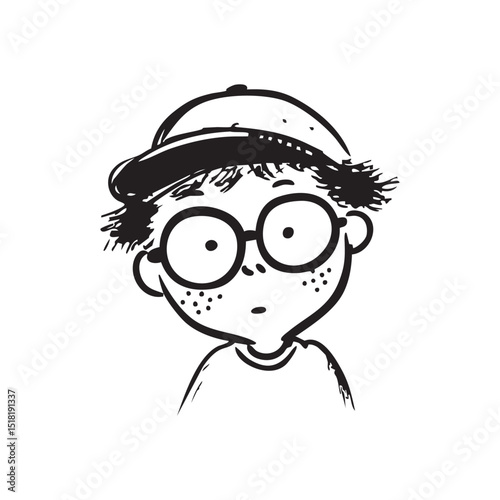 Young curious boy with glasses and a cap expressing surprise