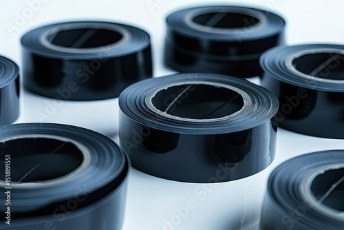 High Definition View of Rolls of Black Electrical Tape on a White Background