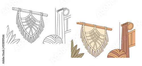 Hand drawn illustrations featuring macrame wall hangings with botanical elements and window curtains in minimalist boho style